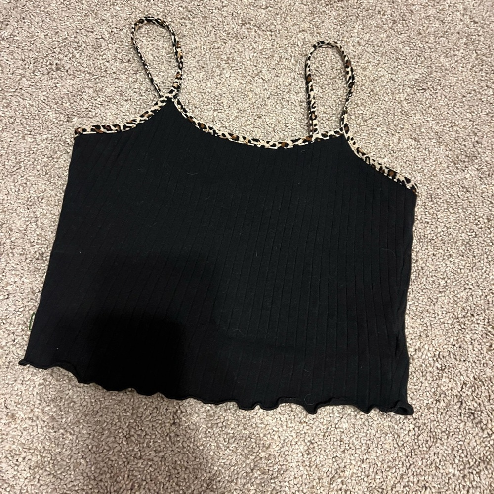 Black Ribbed Camisole with Leopard Trim